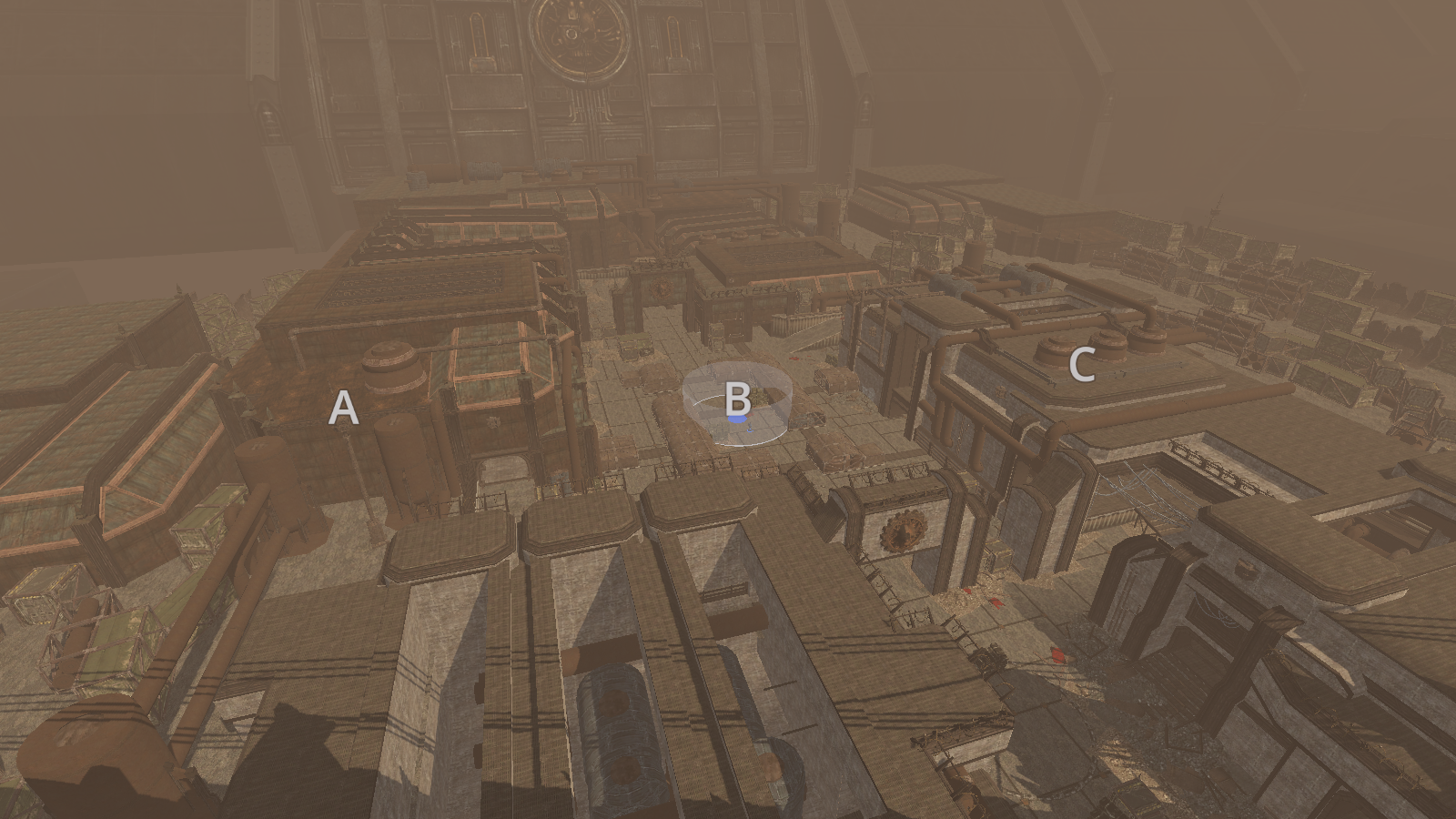 Wide engine view of Manufactorum with capture points A, B and C
