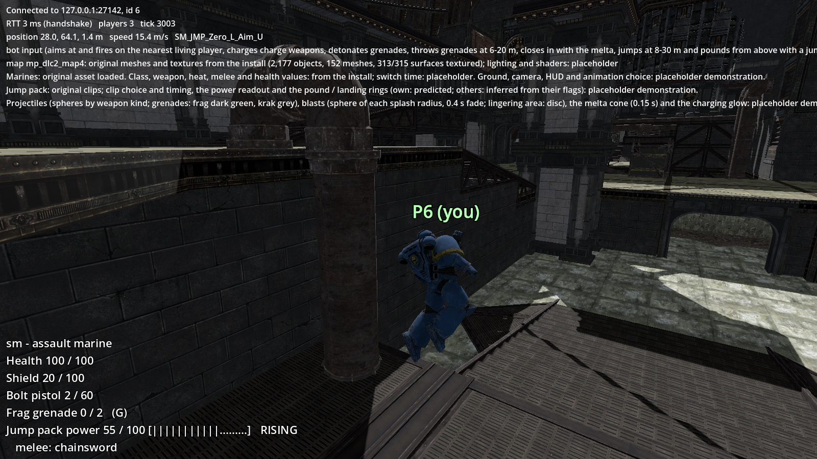 An Assault Marine airborne in an older jump-pack test on mp_dlc2_map4