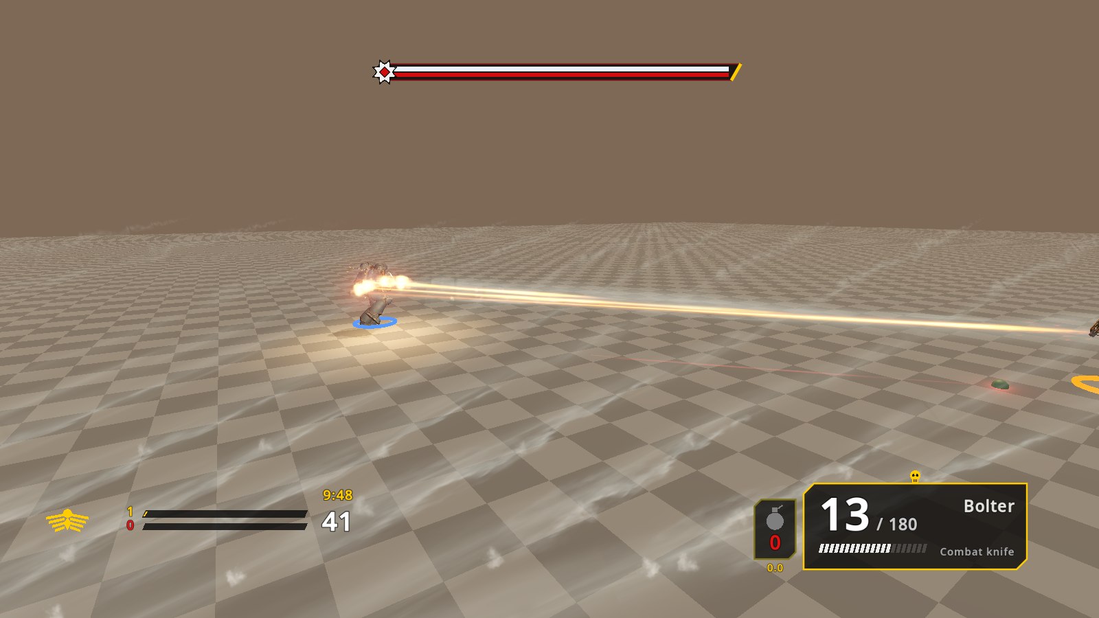 A bolter burst streaking across a flat test arena towards a distant target
