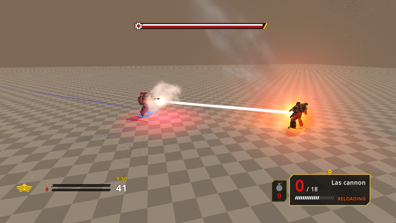 A lascannon beam hitting a Chaos marine with the impact flare at the far end
