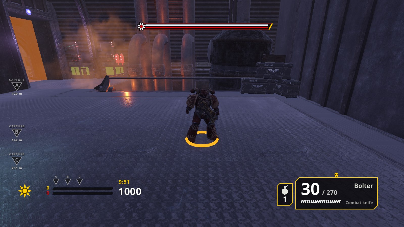 A Chaos marine seen from behind on a factory floor with a yellow ring underfoot