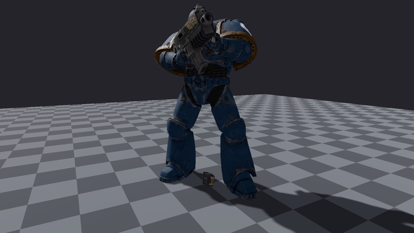 A Space Marine holding a bolter with a dropped magazine on the floor beside his boot