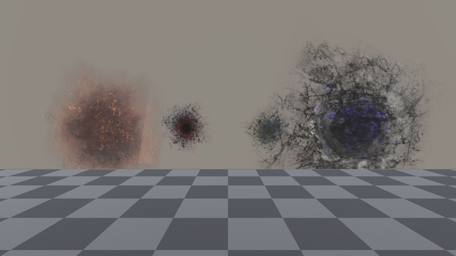 Three different scorch and crater marks on a plain wall above a checkered floor