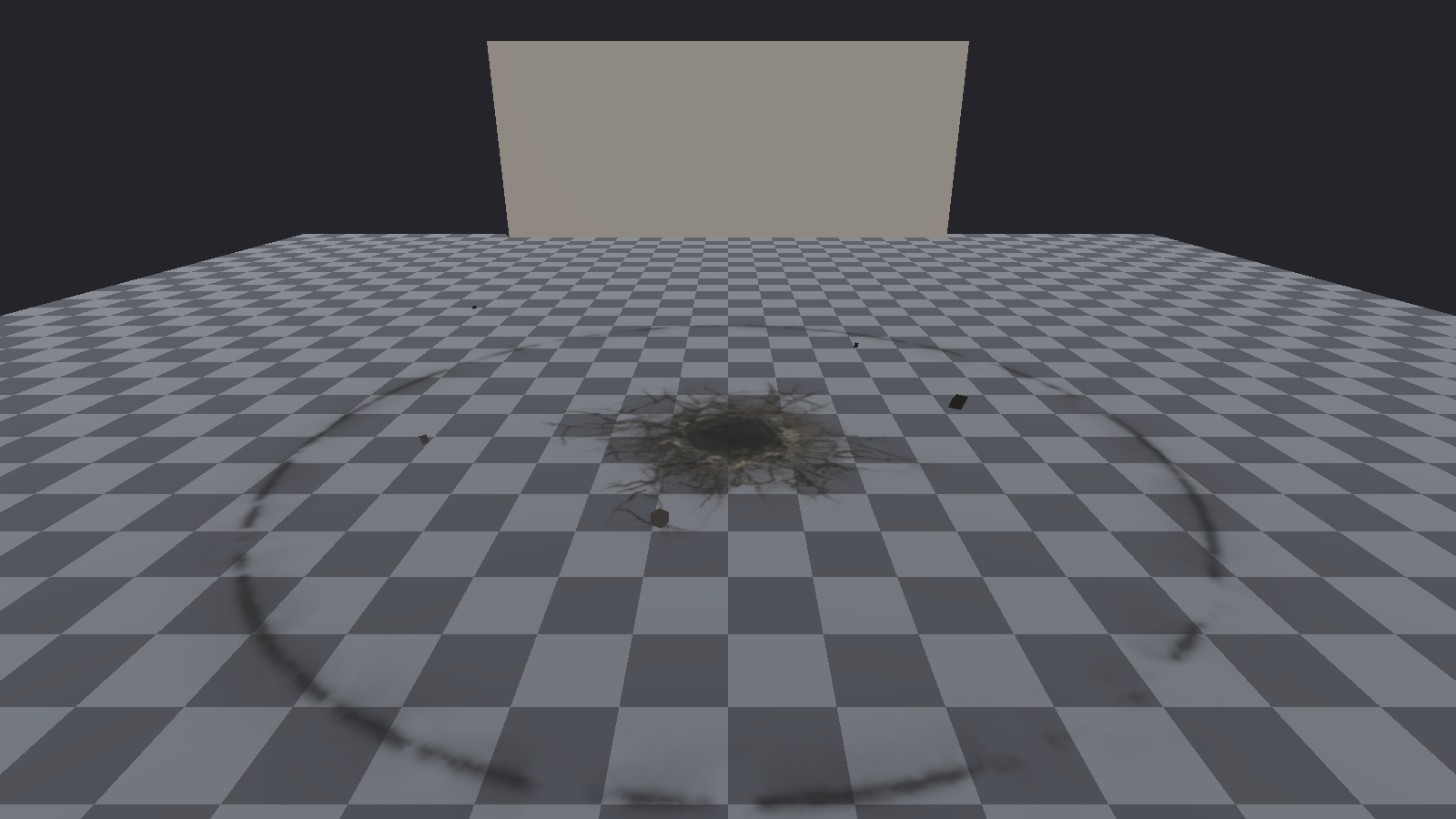 After the dust settles: the original crater and cracks, and our dark ring at the 7 m reach (test room).