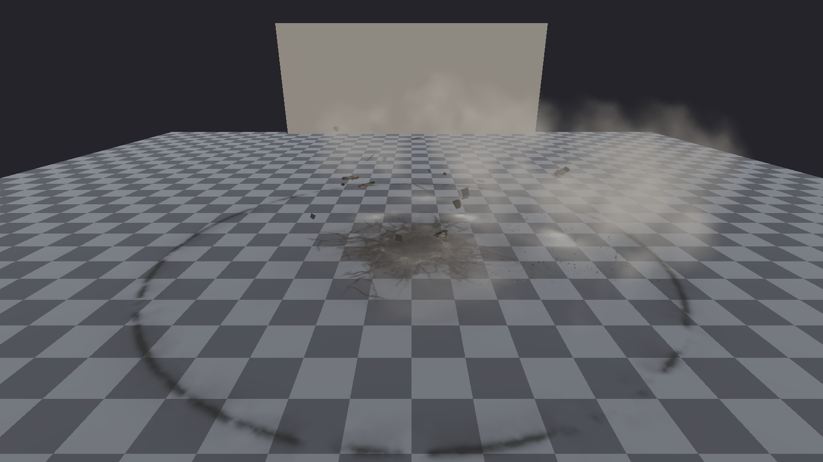 Ground pound at its peak in a test room: the original crater, dust and debris effect; the extra dust is ours.
