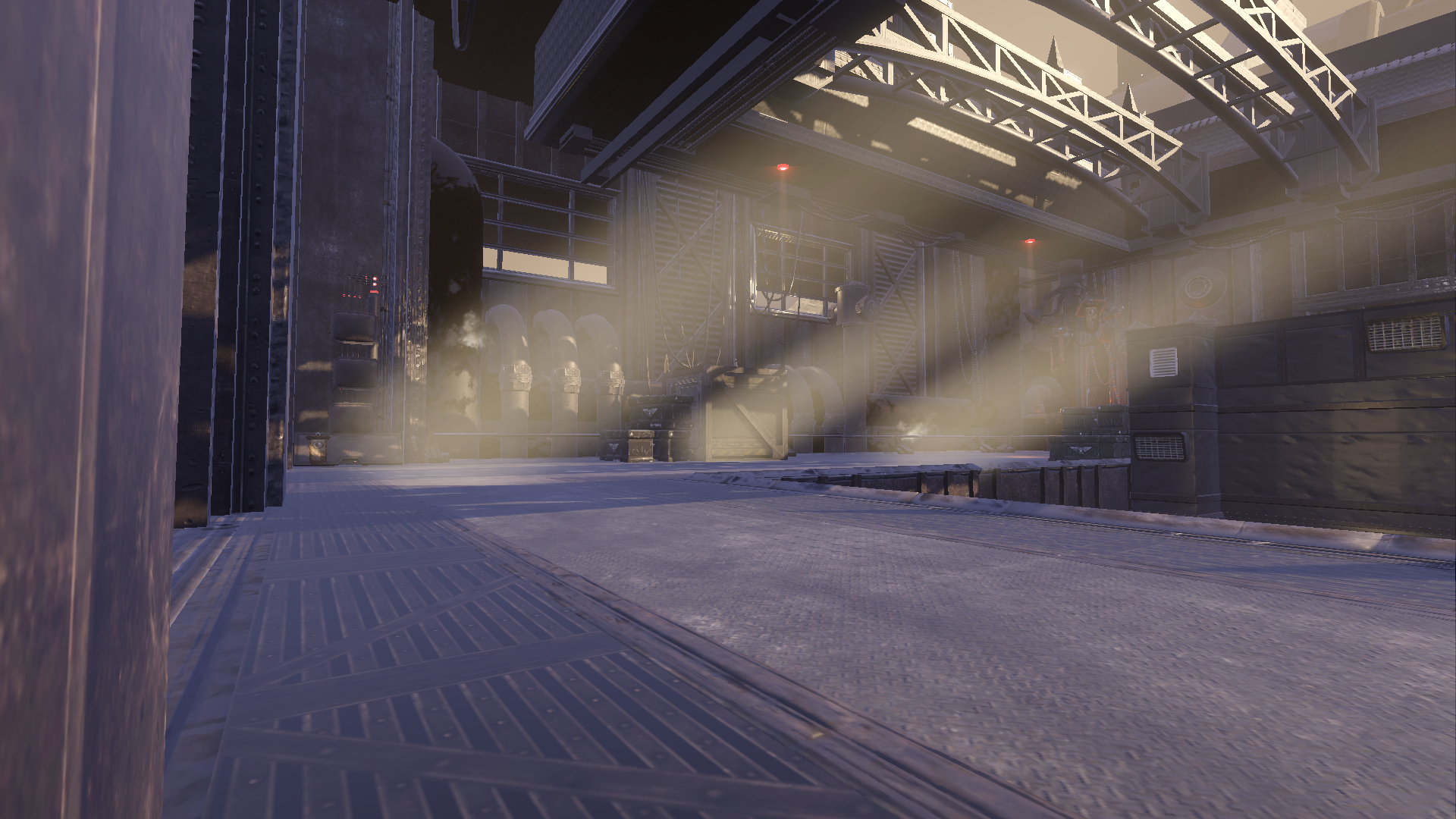 Before: the god-ray lane with the old lighting (original map assets, our renderer).