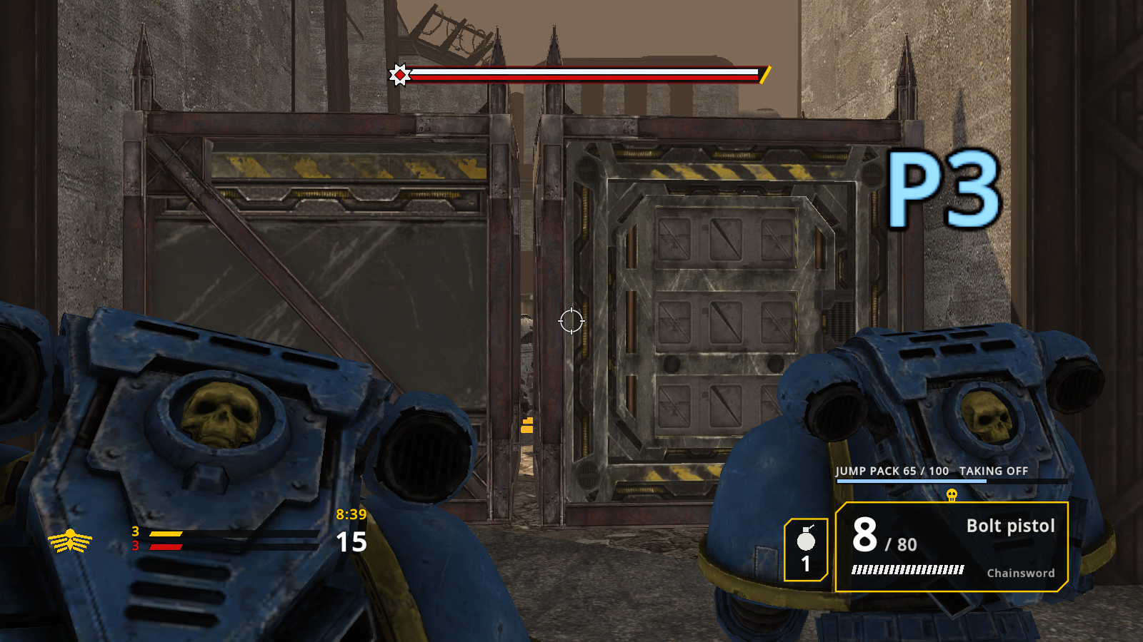 Two Space Marines' shoulder pads in the foreground, a jump pack taking off indicator on the HUD