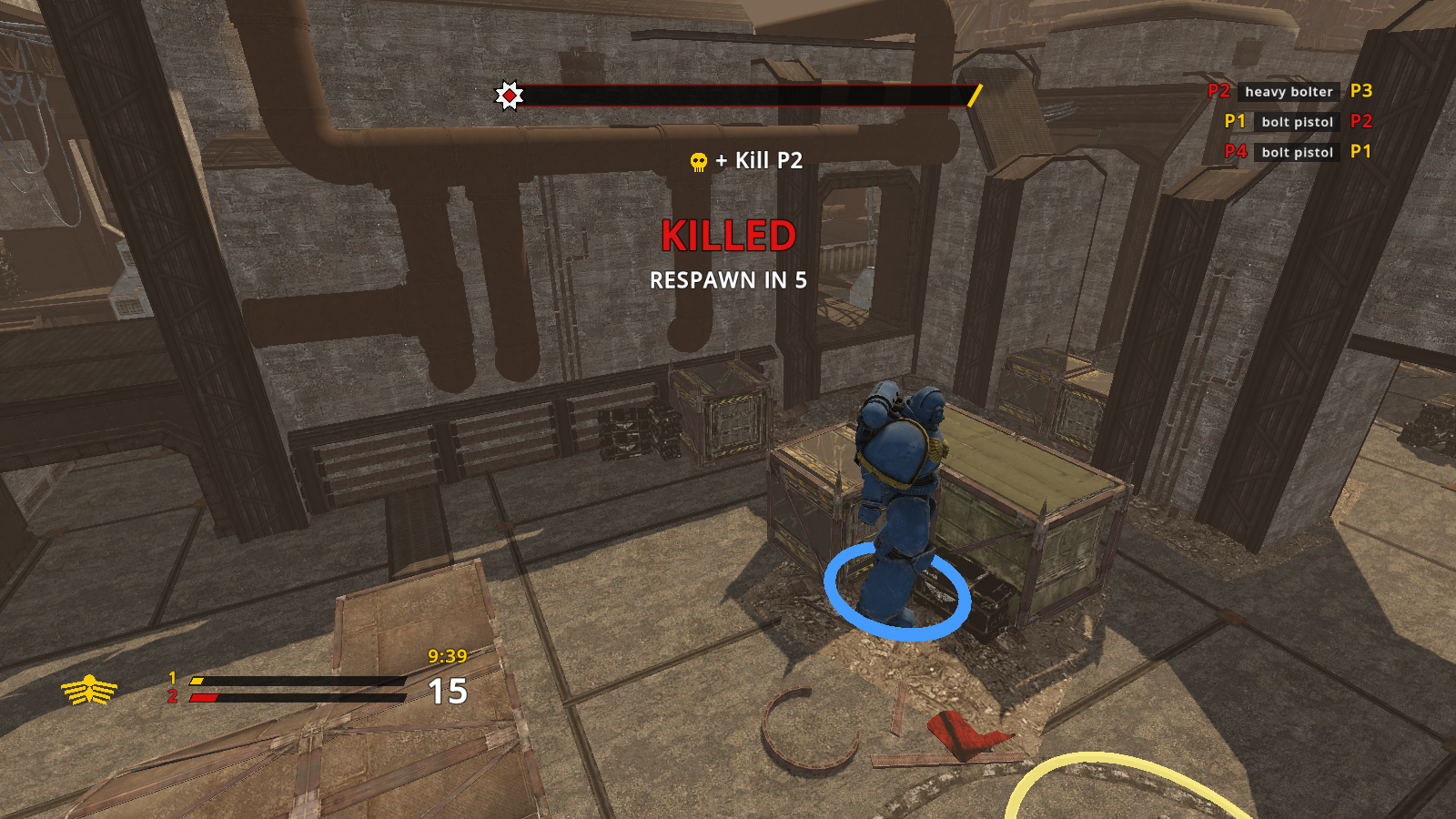 Kill feed, a kill notice and a respawn countdown over a Space Marine on a crate
