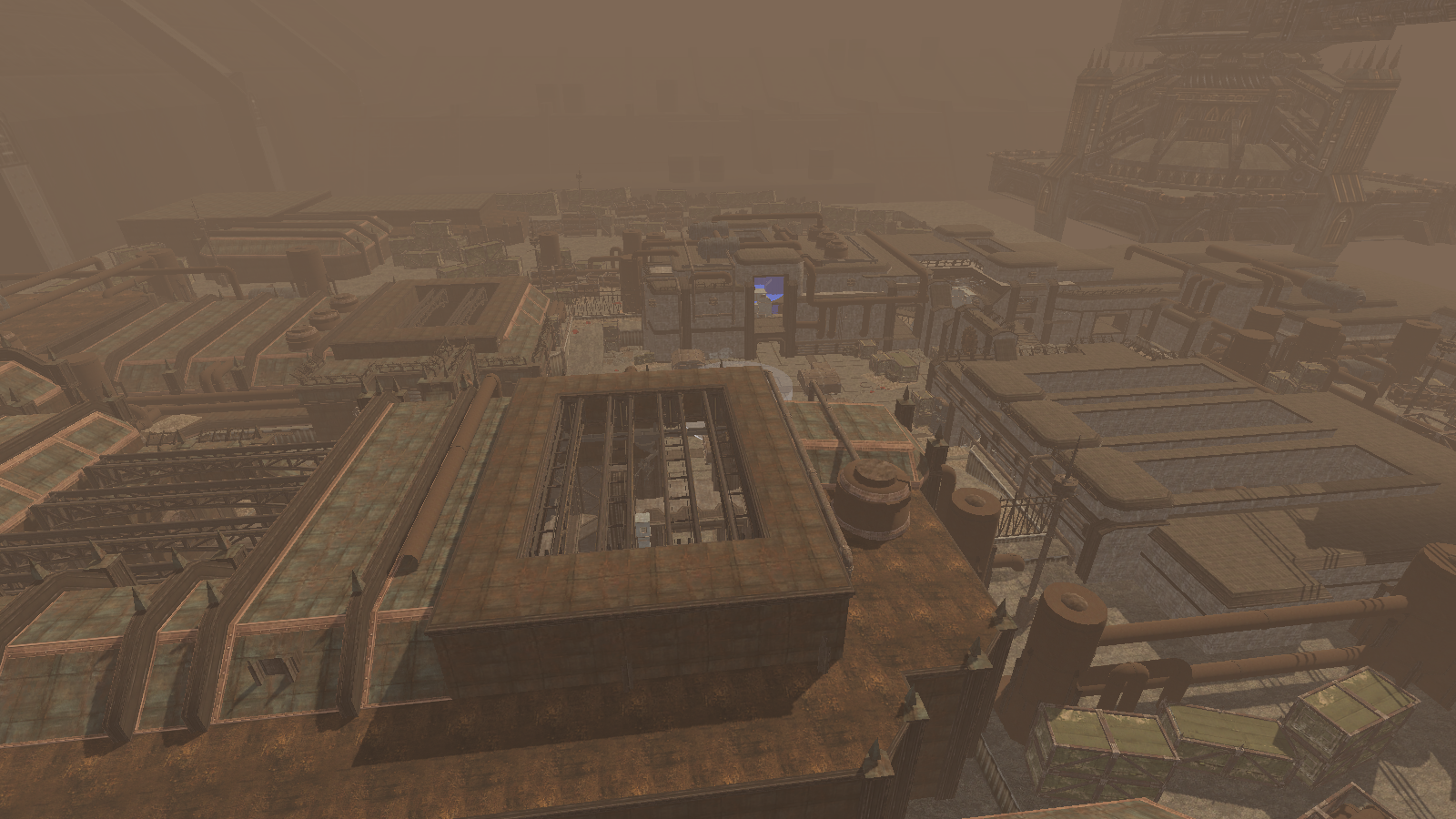 Wide view over the Manufactorum rooftops with a large tower in the haze