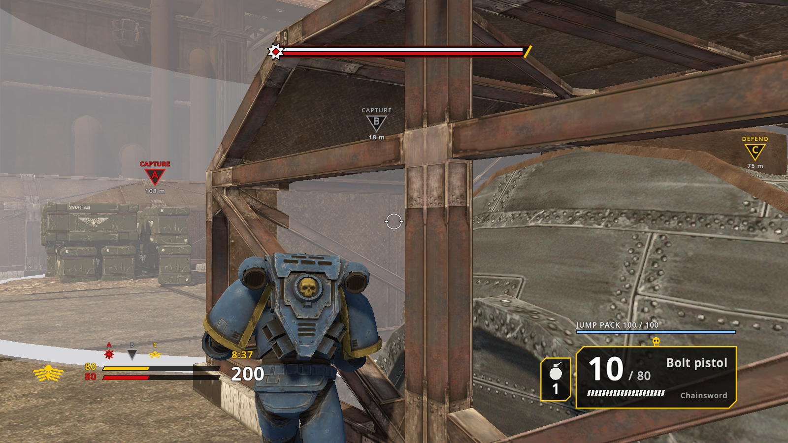 A Space Marine from behind with capture point markers A, B and C on the HUD