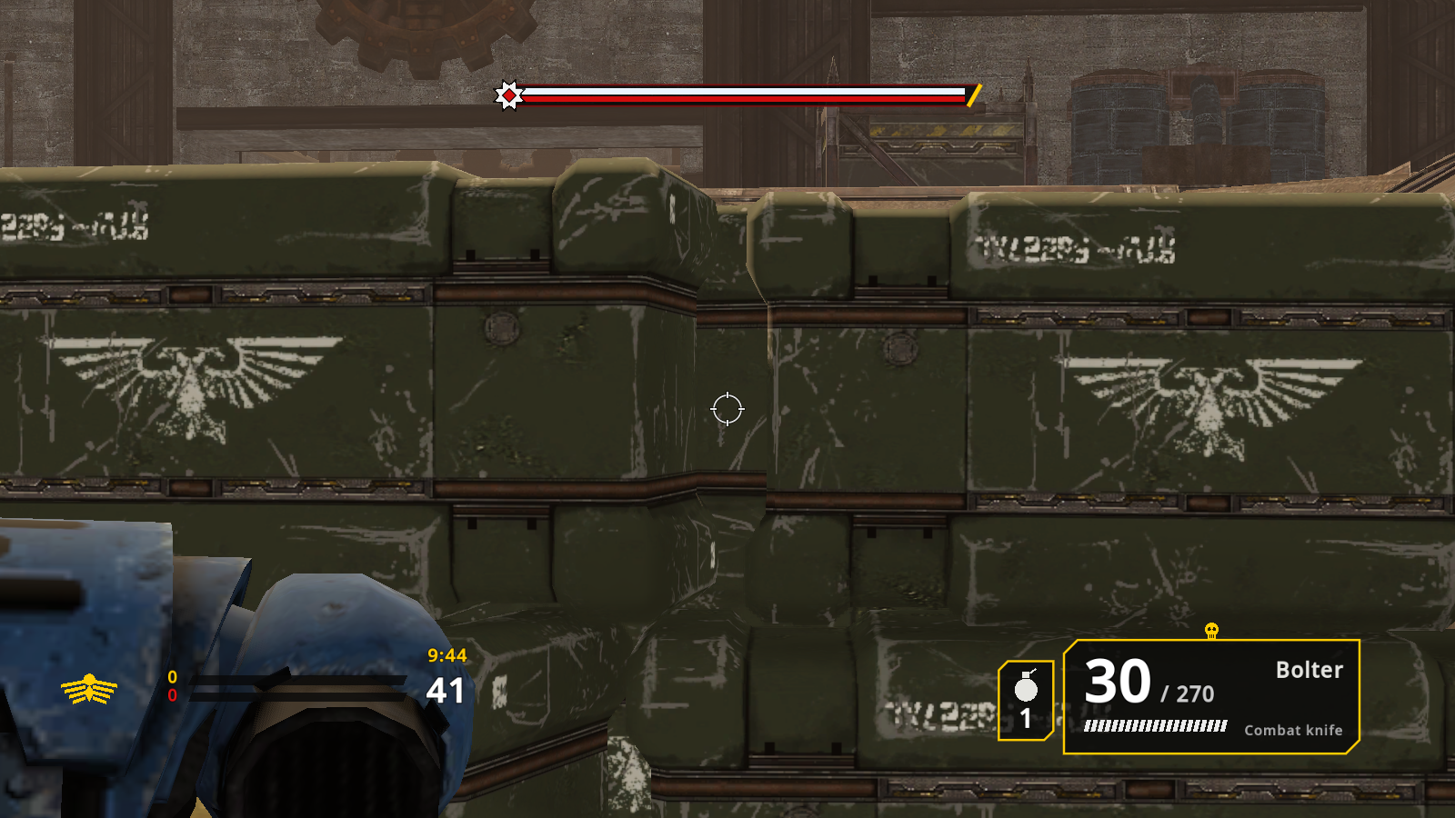 Imperial eagle ammunition crates in the foreground with the bolter HUD