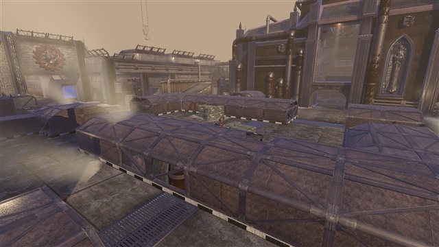 The arena seen across the crate lanes.