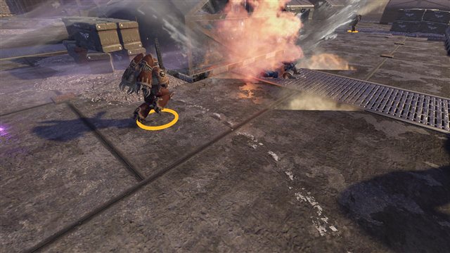 A blast lands beside a Chaos Marine, effects slowed 4x.