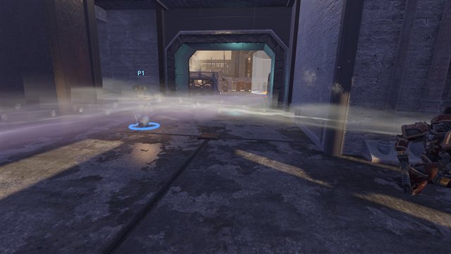 A slowed plasma wake sweeps through a doorway as a Chaos Marine looks on.
